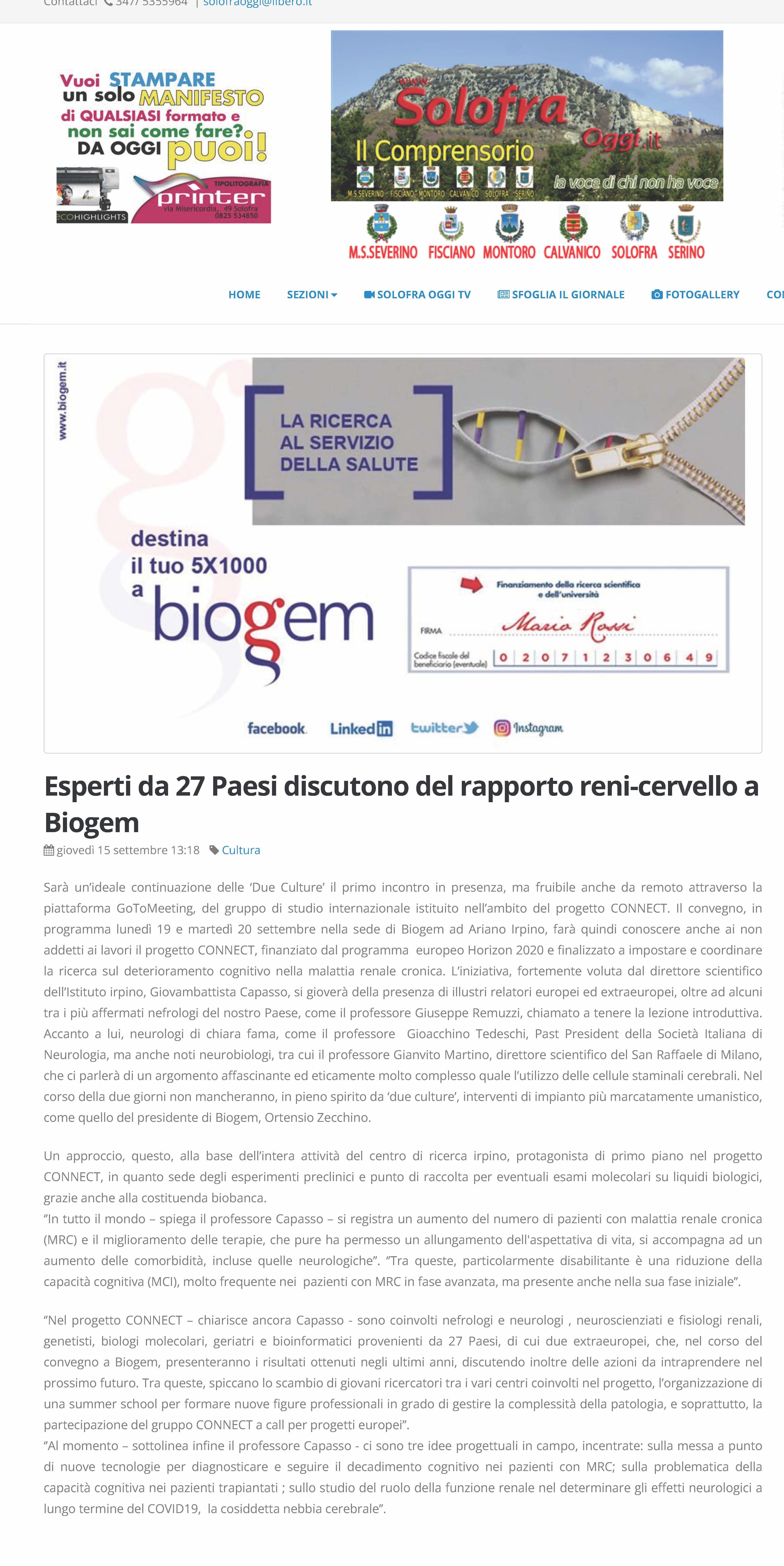Esperti da 27 Paesi discutono del rapporto reni-cervello a Biogem